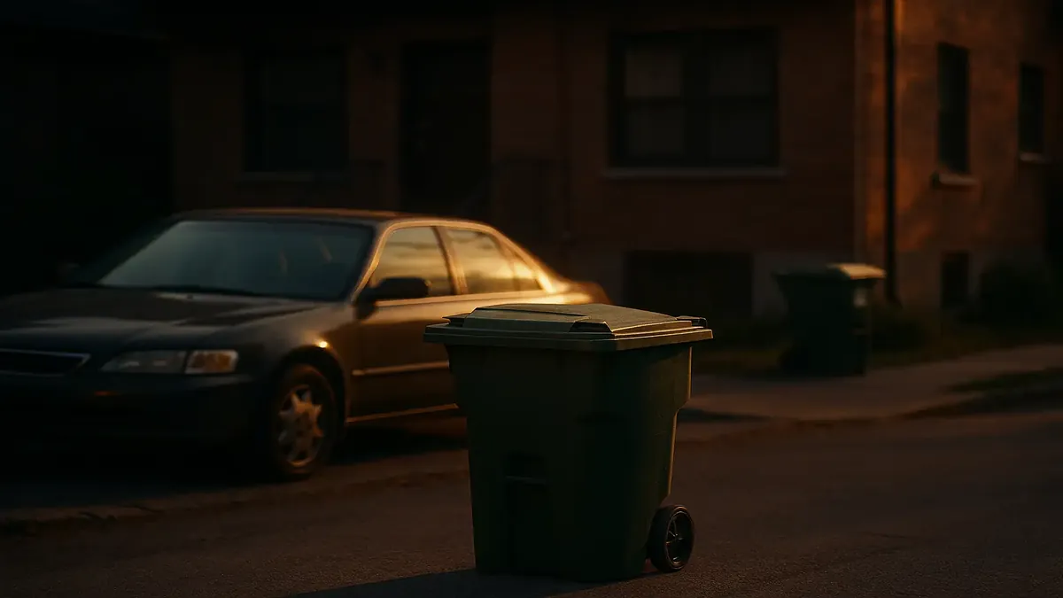 இரண்டு அப்பார்ட்மெண்ட் கட்டிடங்களின் சினிமா காட்சி, முன்னணி குப்பைகள் மற்றும் மறுசுழற்சி தரவுகளைப் பார்க்கலாம்.