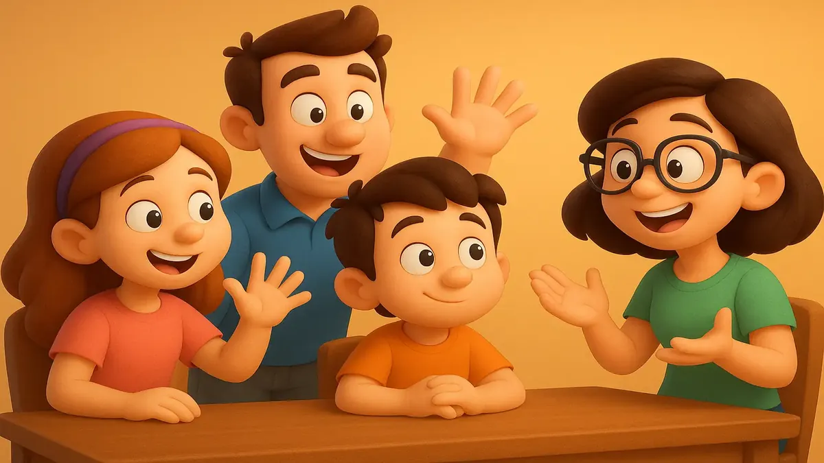 வித்தியாசமான கதாபாத்திரங்களுடன் சந்தோஷமான விவாதத்தை காட்டும் கார்டூன் பாணி 3D வரைப்பு.