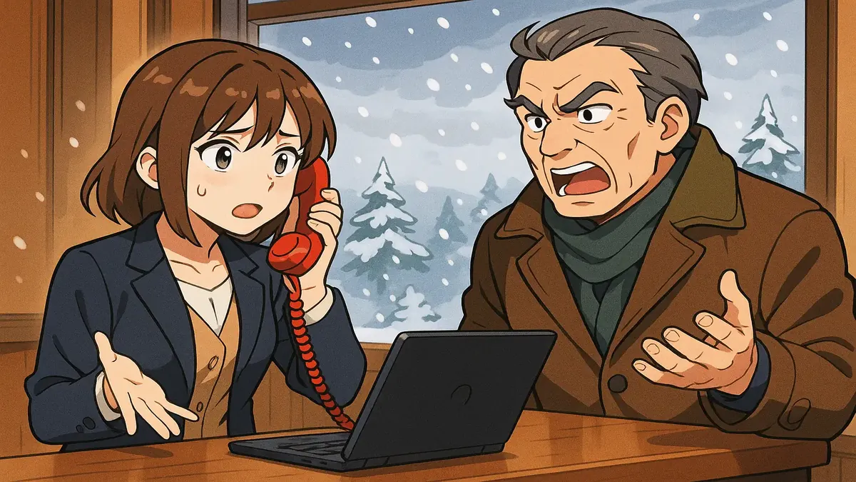 பனியான மலைத்தொடரில் உள்ள ஒரு பி&பிக்கு முன்பு, கவலைப்பட்ட அப்பா ஒரு முன்பதிவை ரத்து செய்கிறார்.