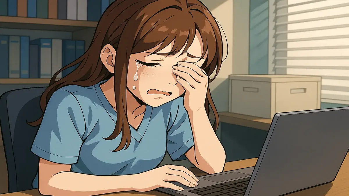 கண் மருத்துவக் கிளினிக்கில் உள்ள இளம் பெண்ணின் அனிமேஷன் வரைகலைப் படமாக்குகிறது, அவரது வேலை பற்றிய உணர்வுகளை வெளிப்படுத்துகிறது.