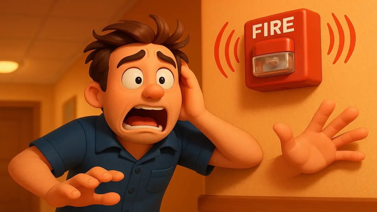 கடற்கரையில் உள்ள டைம்ஷேர் லாபியில், தீ எச்சரிக்கை அளவுக்கு அதிர்ச்சியடைந்த இரவு கணக்காளர் - கார்டூன் 3D படம்.