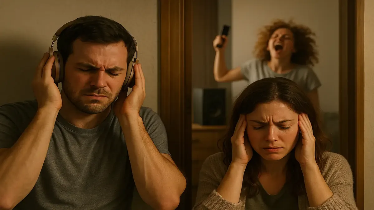 சத்தமிடும் அயலவர்கள் காரணமாக சிதறிய மனதில் சிறிய அபார்ட்மெண்டில் உள்ள பெண்மணி.