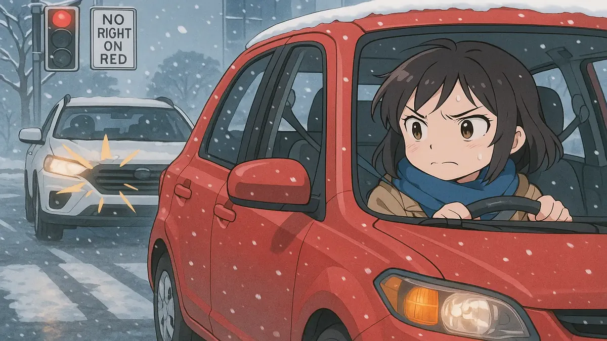 சிவப்பு விளக்கில் நிற்கும் கார் மற்றும் அதற்கு பின்னால் ஹார்ன் அடிக்கும் எஸ்.யூ.வி காட்சி.