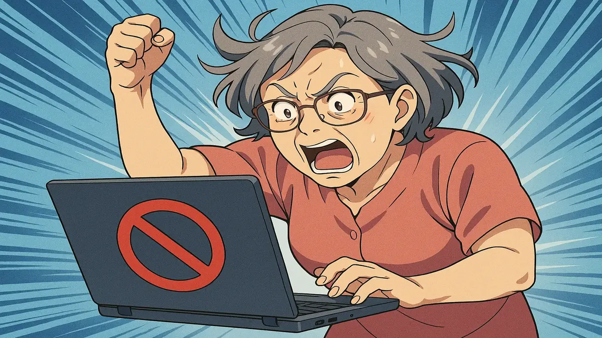 65 வயதான பெண்மணியொருவர் சமூக ஊடக தடை எதிர்கொள்கிறார் என்பதைக் குறிக்கும் அனிமேஷன் иллюстрация.