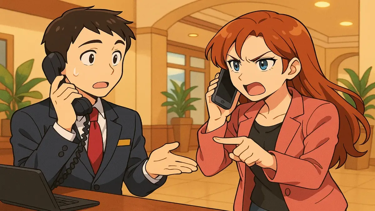 தொலைபேசியில் குழப்பத்தில் உள்ள பெண்மணியின் அனிமேஷன் படக்கம், ஹோட்டல் கட்டண பிரச்சினையை வெளிப்படுத்துகிறது.