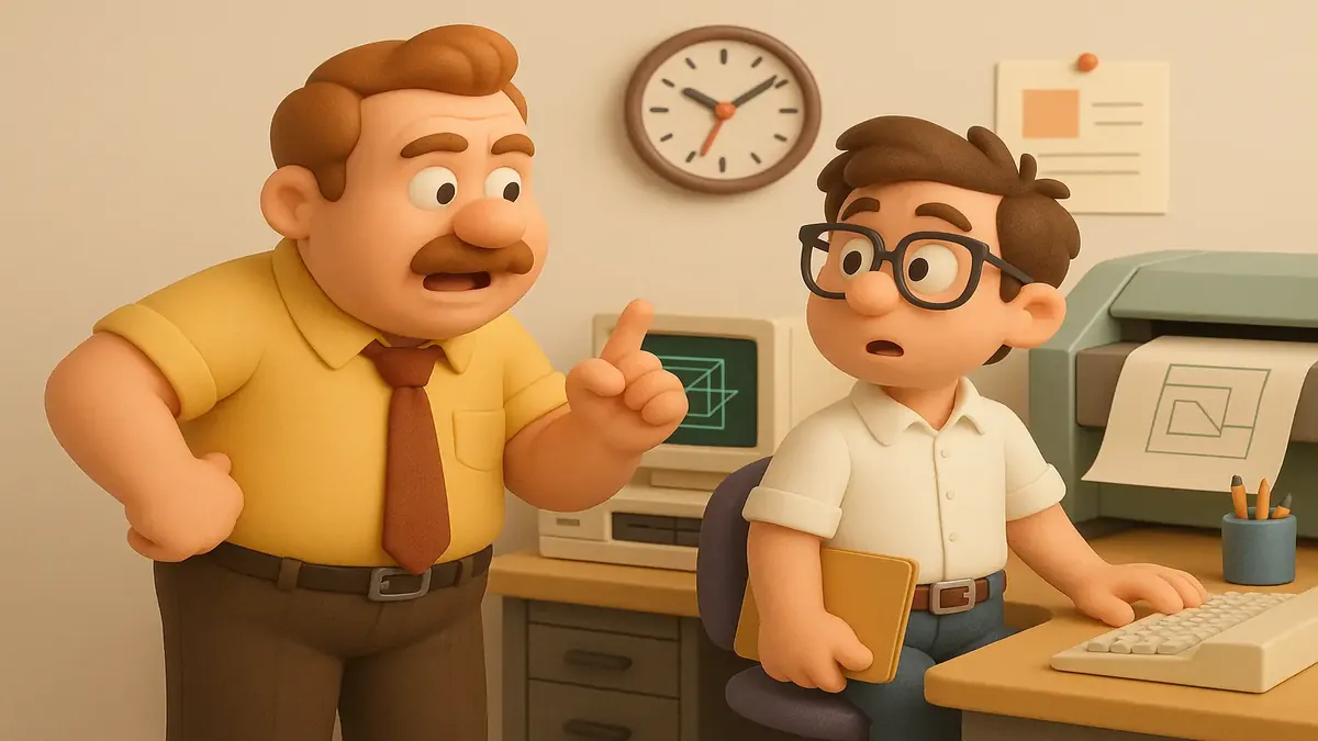 1980களில் CAD அமைப்பின் சீரமைப்பை விவாதிக்கும் பொறியாளர்களின் கார்டூன்-3D வரைப்பு.