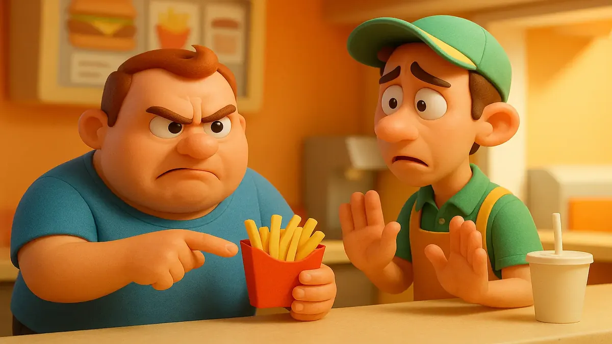 ஏற்றுக்கொள்ளாத வாக்களிக்காரரின் 3D கார்டூன் படத்தில், ஒரு வாடிக்கையாளர் குளிர்ந்த உருளைக்கிழங்கு பிடித்துக்கொண்டுள்ளார்.