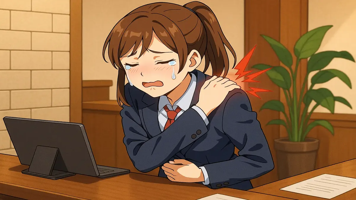 துன்பத்தில் உள்ள ஹோட்டல் முன்னணி ஊழியர், தோற்றத்தில் அநிமே ஓவியம், கண்டிப்பான அழுத்தம் மற்றும் வலியைக் காட்டுகிறது.