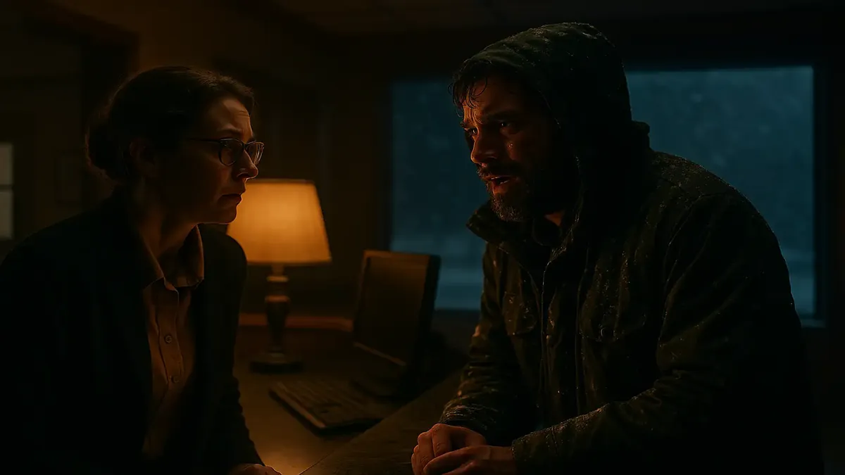 குளிர்ந்த புயலால் சூழப்பட்ட அமைதியான ஹோட்டல் லாபியில் காட்சியளிக்கும் சினிமா காட்சி.