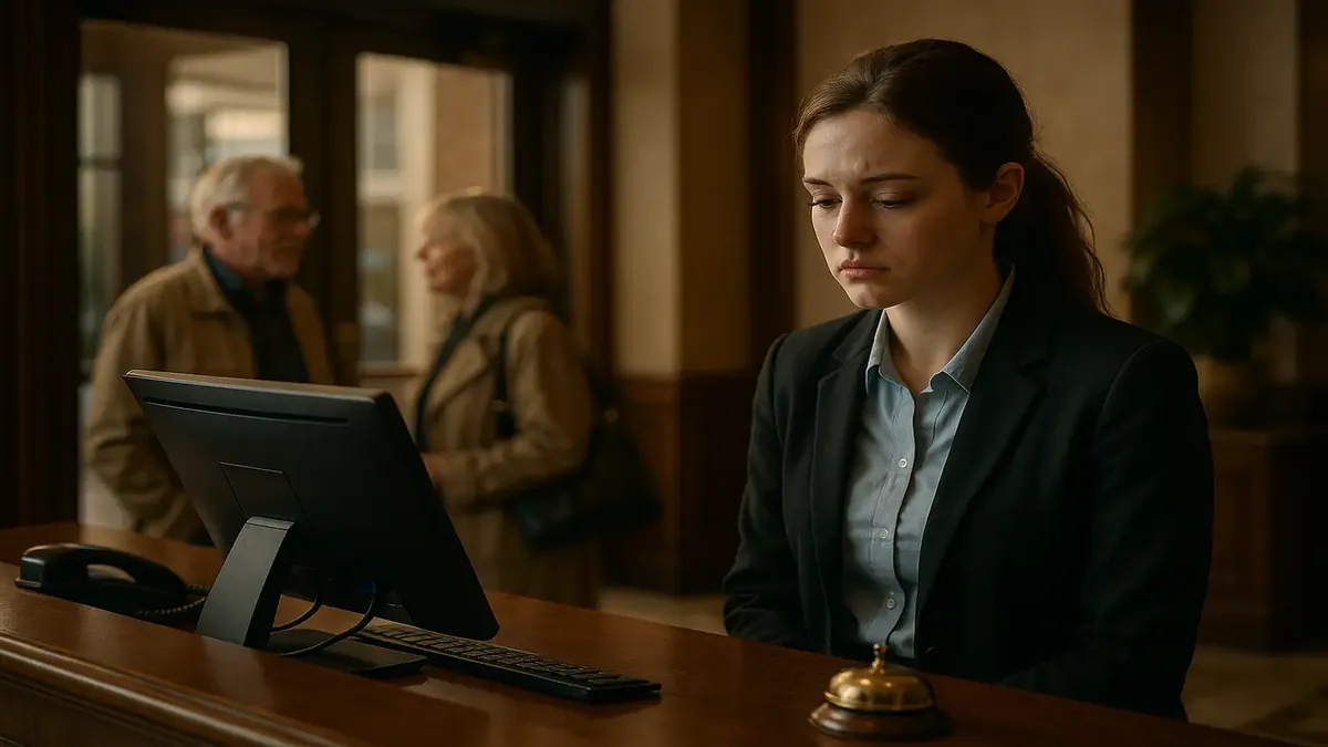 விடுமுறை முடிவில் அதிக வேலைகளை சமாளிக்கும் ஹோட்டல் ஊழியர், திங்கள் நாளின் வாடிக்கையாளர்களை தவறவிட்டார்.