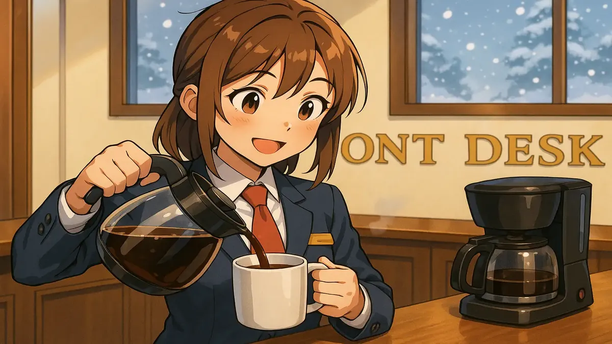 பரபரப்பான ஹோட்டல் பணியாளராக உள்ளவர் காபி அருந்தும் அனிமே ஸ்டைல் கலைச்சொல்.