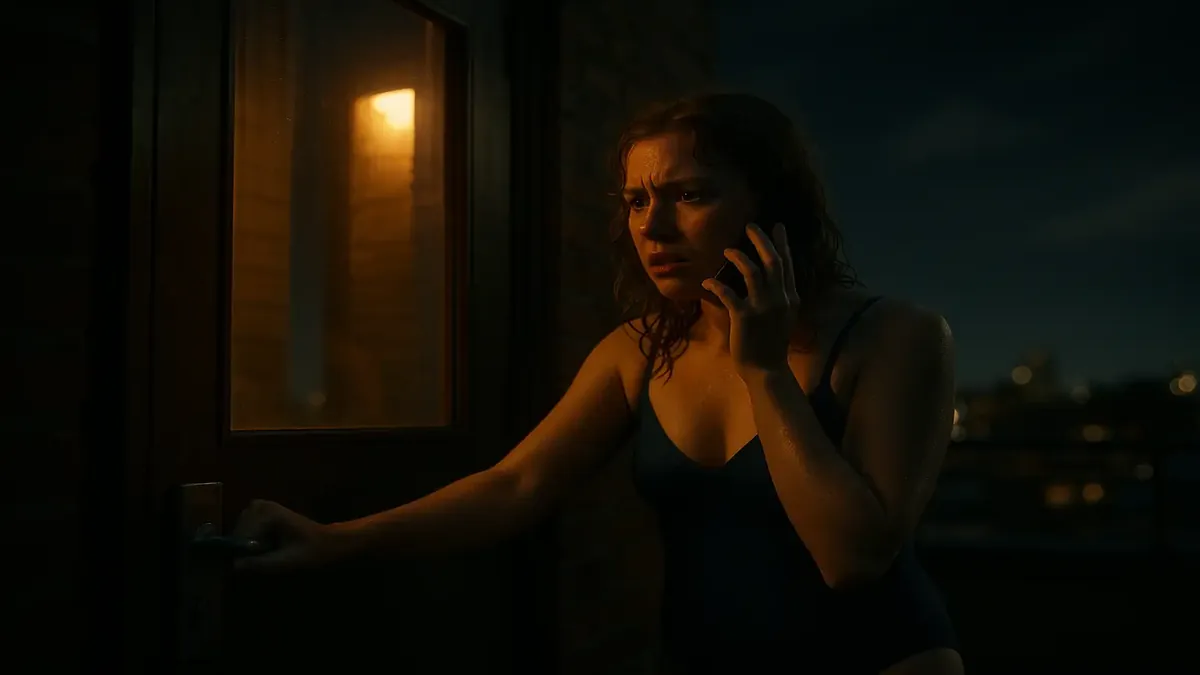 இரவு நேரத்தில் உதவிக்காக கிணற்றின் பூட்டிய கதவின் அருகில் நகைச்சுவையாக அழைக்கிறாள் ஒரு குளிக்கையால் ஆடையுள்ள பெண்.