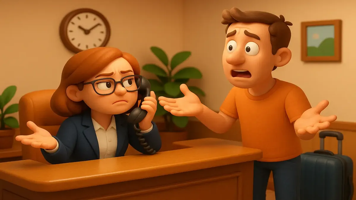 இரவு நேரத்தில் மேலாளரிடம் உதவிக்கோரி கேட்டுக்கொள்ள தயங்கும் ஒரு கவலையுற்ற ஊழியரின் கார்டூன் 3D வரைப்பு.