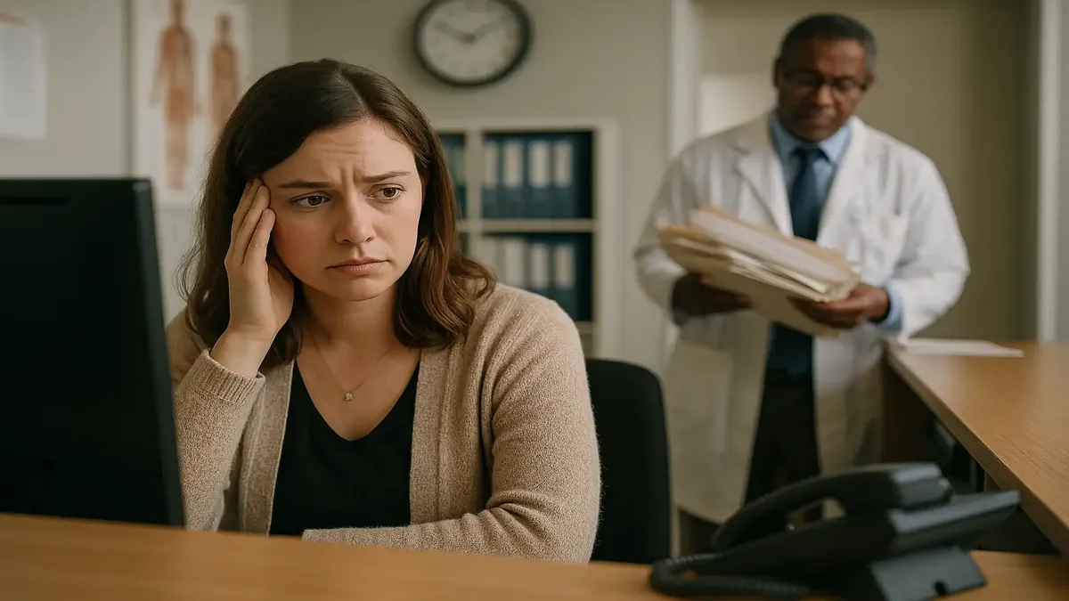 பரபரப்பான அலுவலகத்தில், ஒழுங்கில்லா மேலாளரை சமாளிக்கும் மருத்துவ வரவேற்பாளர்.