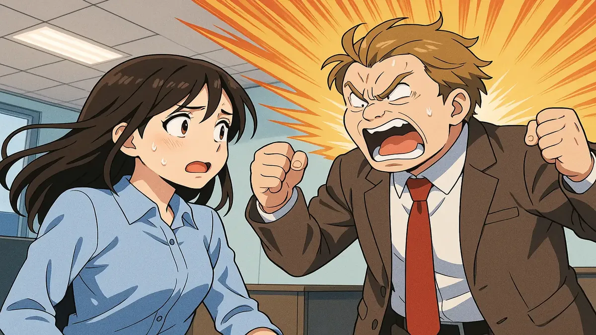 ஒரு விஷமயமான மேலாளர் உள்ளத்தில் குழப்பமடைந்து கொண்டிருக்கும் அனிமேஷன் படம், வேலைப்பளுவின் சவால்களை சின்னமாகக் காட்டுகிறது.