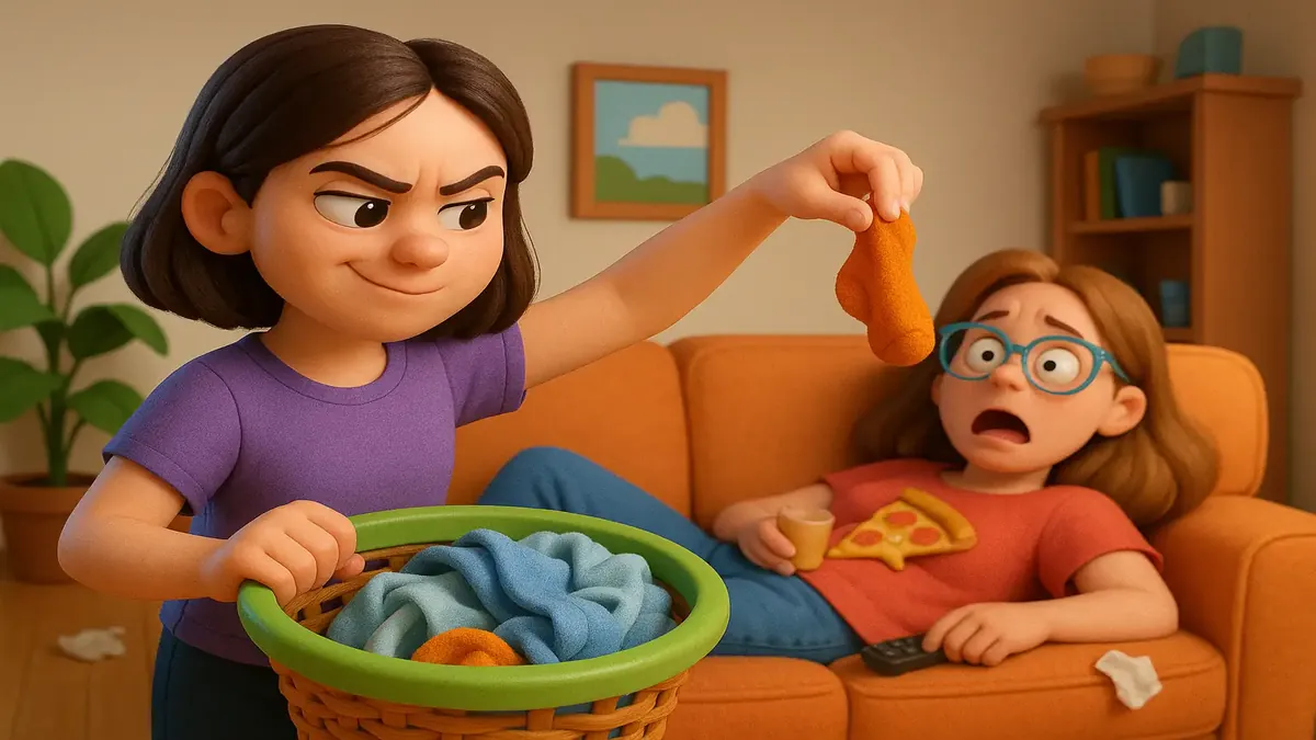 கல்லூரி விடுதியில் சிரிக்க வைக்கும் நண்பரின் குழப்பம் மற்றும் காமெடியான பழி எடுத்துக்கொள்கை பற்றிய கார்டூன்-3D வரைபடம்.