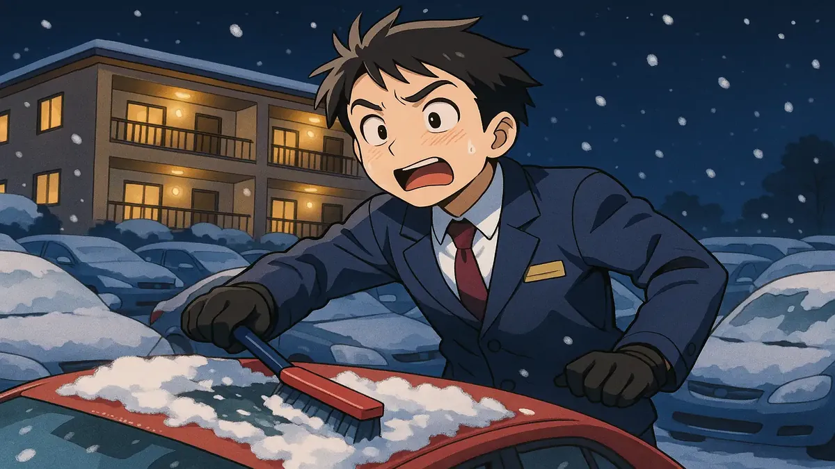 ஓட்டலில் கார் ஜன்னல்களில் பனியை சுத்தம் செய்யும் இரவு ஆய்வாளர் அனிமே பாணியில் வரையப்பட்ட படம்.