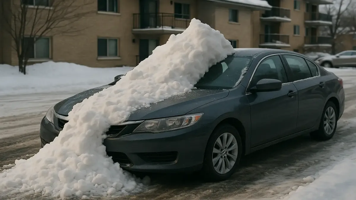 அபார்ட்மெண்ட் நிலத்தில் நிறுத்தப்பட்ட கார் மீது வீழ்ந்த பனியால், உரிமையாளர் அதை நகர்த்த விரும்புகிறார்.
