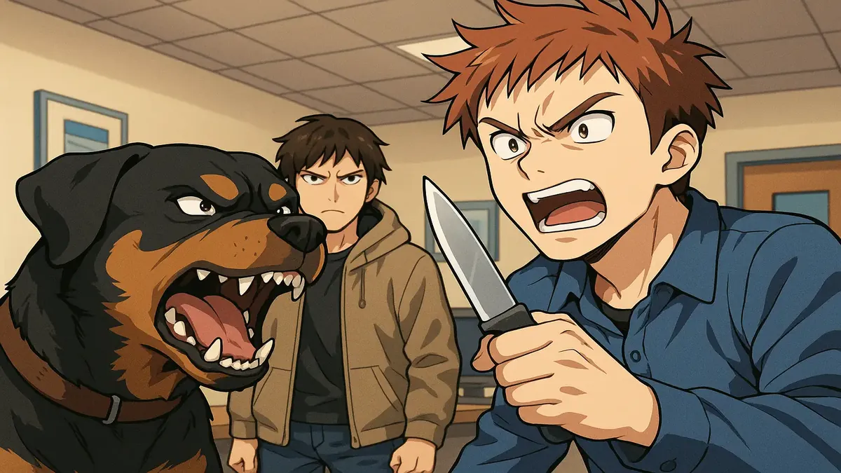 கத்தி பிடித்த கோபமான மனிதனுடன் பயங்கரமான நாய், லேப்டாப் திருப்பீட்டிற்கு மத்தியில் உள்ள மயக்கம்.