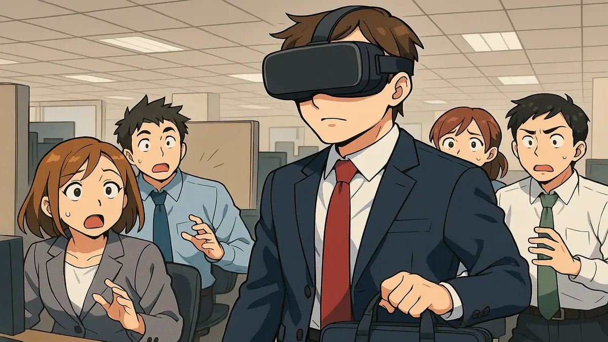 கார்பரேட் சூழலில் அதிர்ச்சியடைந்த அலுவலர், தனியுரிமை மீறலை எடுத்துக்காட்டும் அனிமே விளக்கம்.