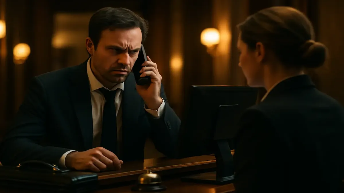 ஹோட்டல் முன்னணி மையத்தில் விருந்தினர்களின் குழப்பத்தை வெளிப்படுத்தும் காட்சி