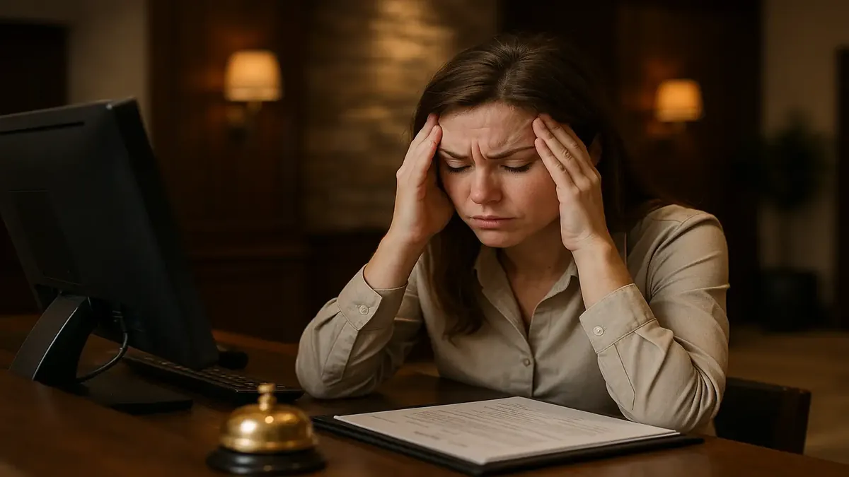 முன்னணி மேசையில் உள்ள நெருக்கடி அடைந்த ஹோட்டல் ஊழியர், முன்பதிவு மேலாண்மையில் உள்ள சவால்களை சுட்டிக்காட்டுகிறார்.