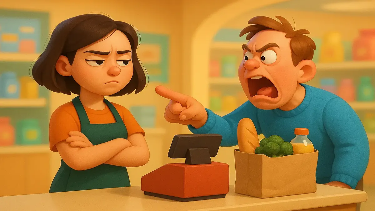 modern சூழலில் குழந்தை மனநிலை கொண்ட பெரியவர்களை எதிர்கொள்ளும் அதிருப்தி அடைந்த ஒரு பெண்ணின் காமிக்-3D வரையறு.