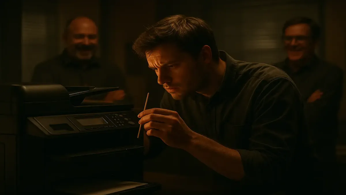 காபி கிளரியல் கம்பிகள் ஒரு அட்டவணையில், வேலை செய்யாத அச்சுப்பொறியின் அருகில் சிந்தனையுடனும் ஒழுங்கமைக்கப்பட்டுள்ளது.