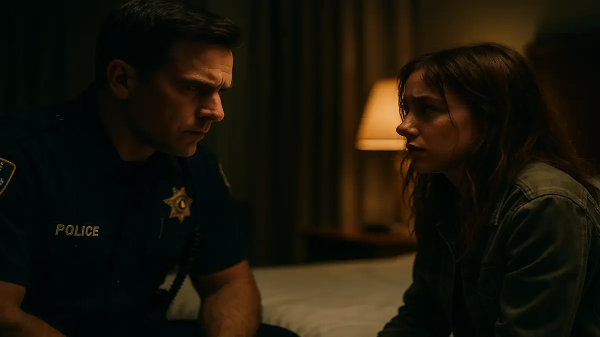 Unregistered guest caught during hotel room check, police involvement, cinematic scene depicted.