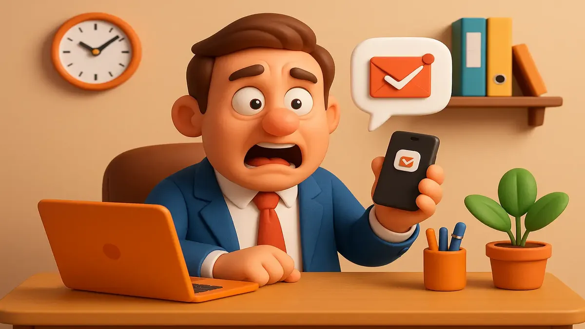 Cartoon-style illustration of a boss demanding email read receipts from a stressed employee at a desk.