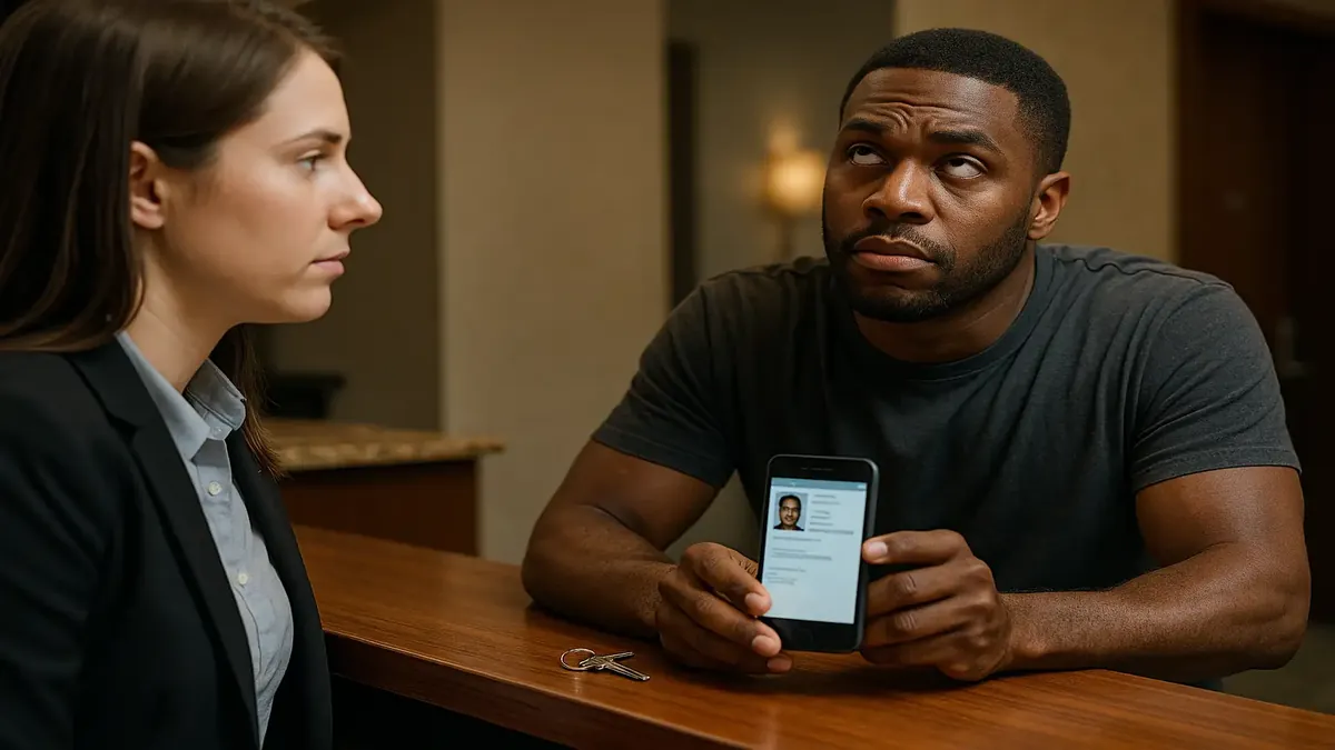 Frustrated customer at a service desk, asking for ID to rekey keys, highlighting racial bias concerns.