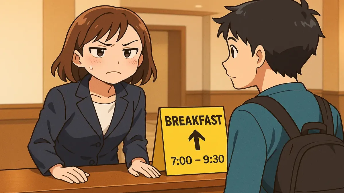 Bright yellow sign at a reception desk indicating breakfast details, anime style illustration.