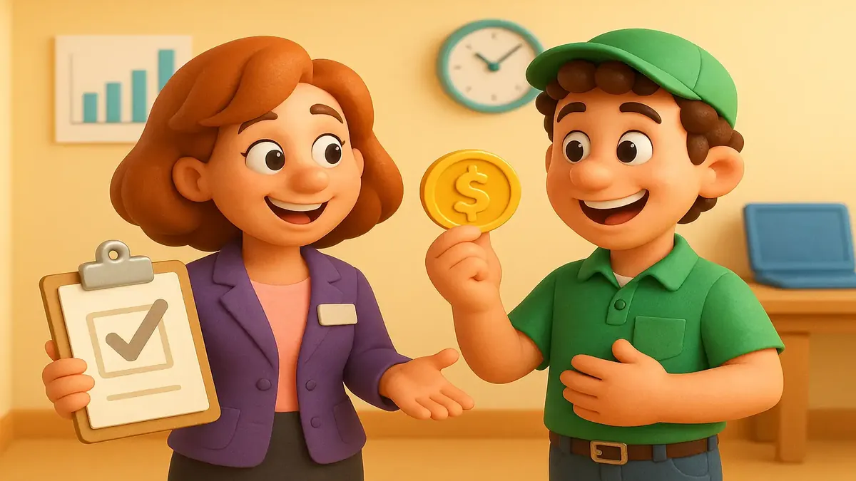 Cartoon 3D illustration of a grocery store employee receiving extra pay after HR training.