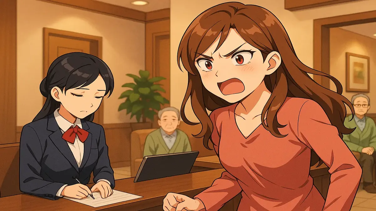 Anime illustration of a sweet lady checking in with her elderly uncle, expressing confusion over a room type.