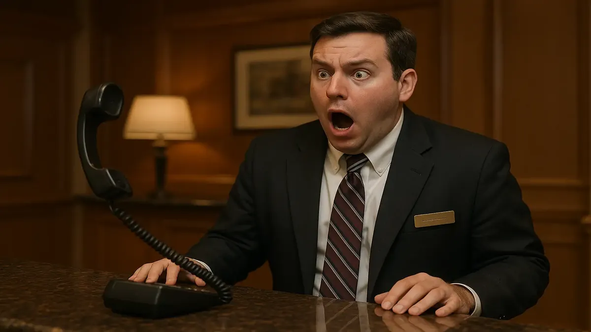 Early 2000s hotel front desk with a friendly agent assisting guests in a busy lobby setting.