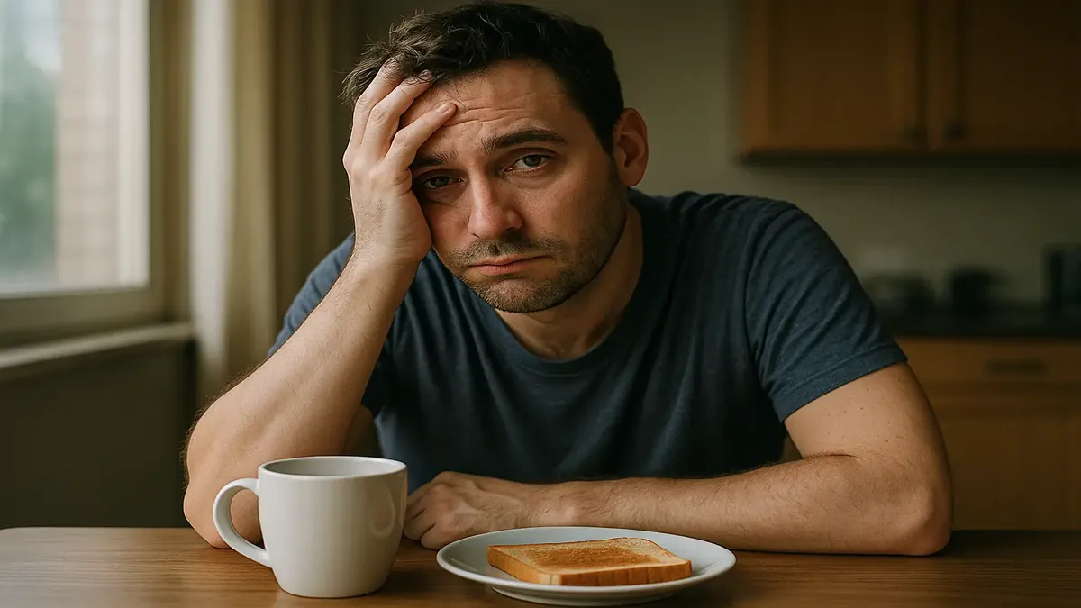 Frustrated employee in a morning shift, facing staffing issues and exhaustion in a photorealistic setting.