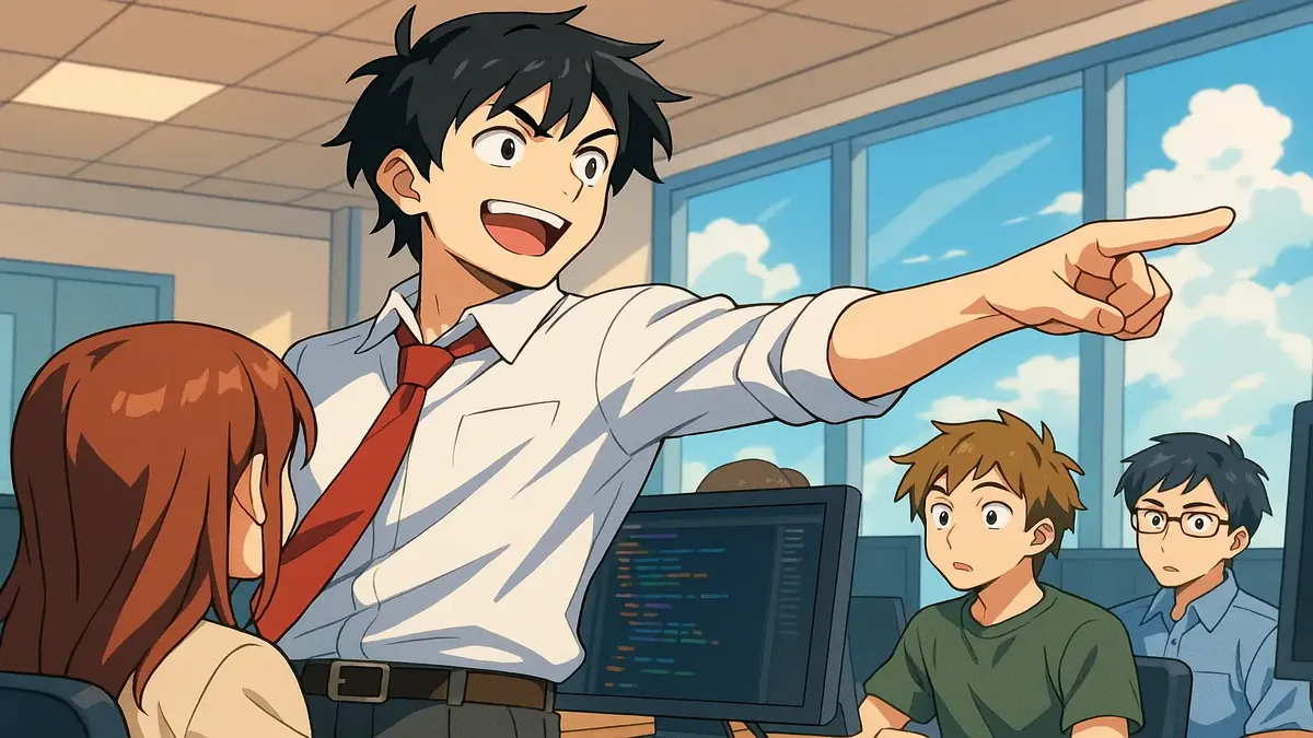 Anime illustration of a confident software engineer leading a team, overcoming challenges in a corporate setting.