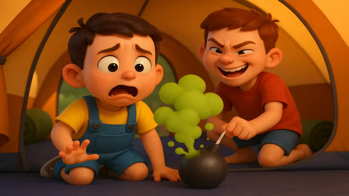 Cartoon-3D illustration of a mischievous boy planning a fart bomb prank during a camping trip.