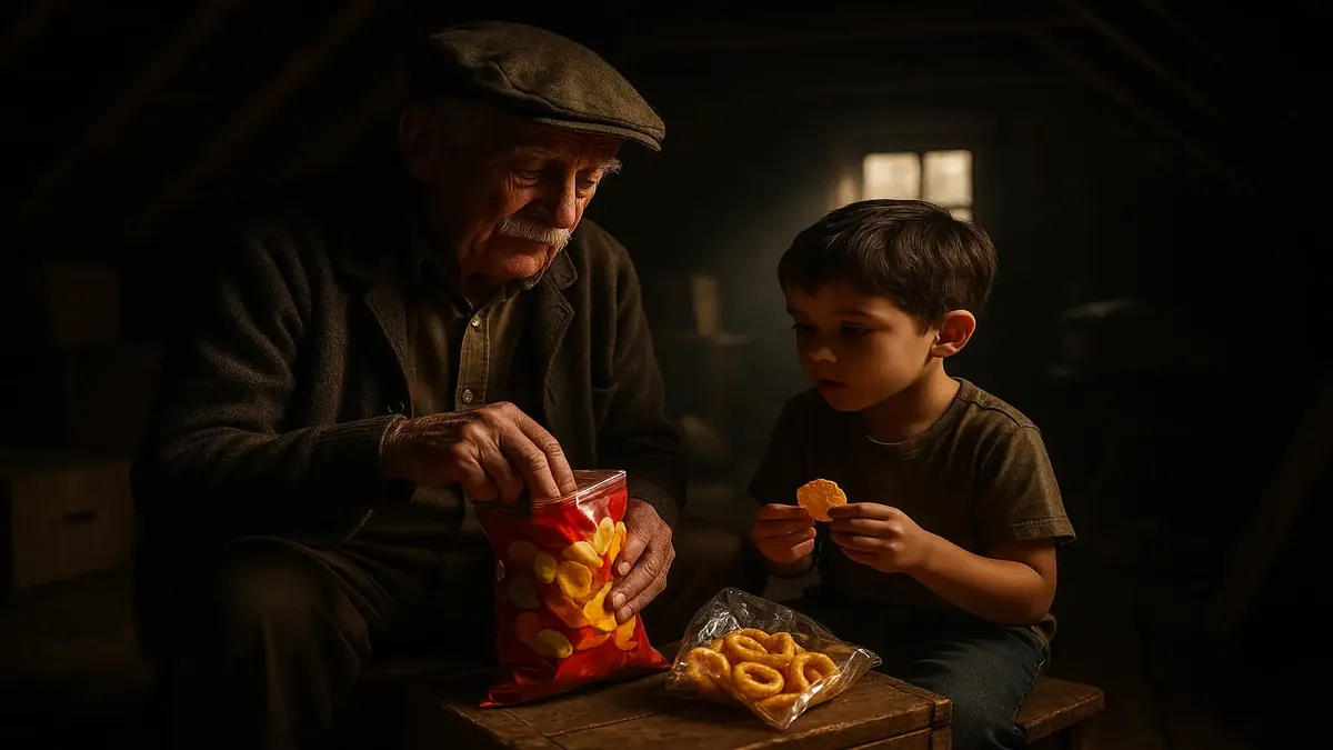 A nostalgic attic scene with grandpa sharing snacks with a young child, evoking childhood memories.
