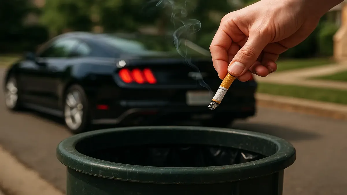 A fresh black Mustang driving past, highlighting careless littering of cigarette butts on the street.