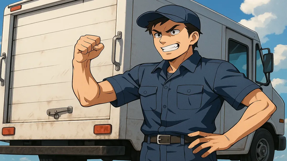 Anime-style illustration of a boxy stepvan truck used for deliveries, highlighting its flat bumper and rear handles.