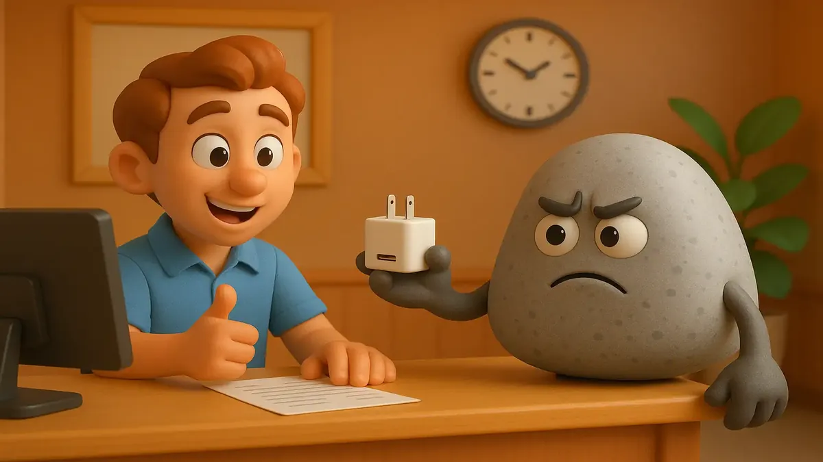 Cartoon-style 3D illustration of a shiny rock confronting a staff member about charges and a charging block.