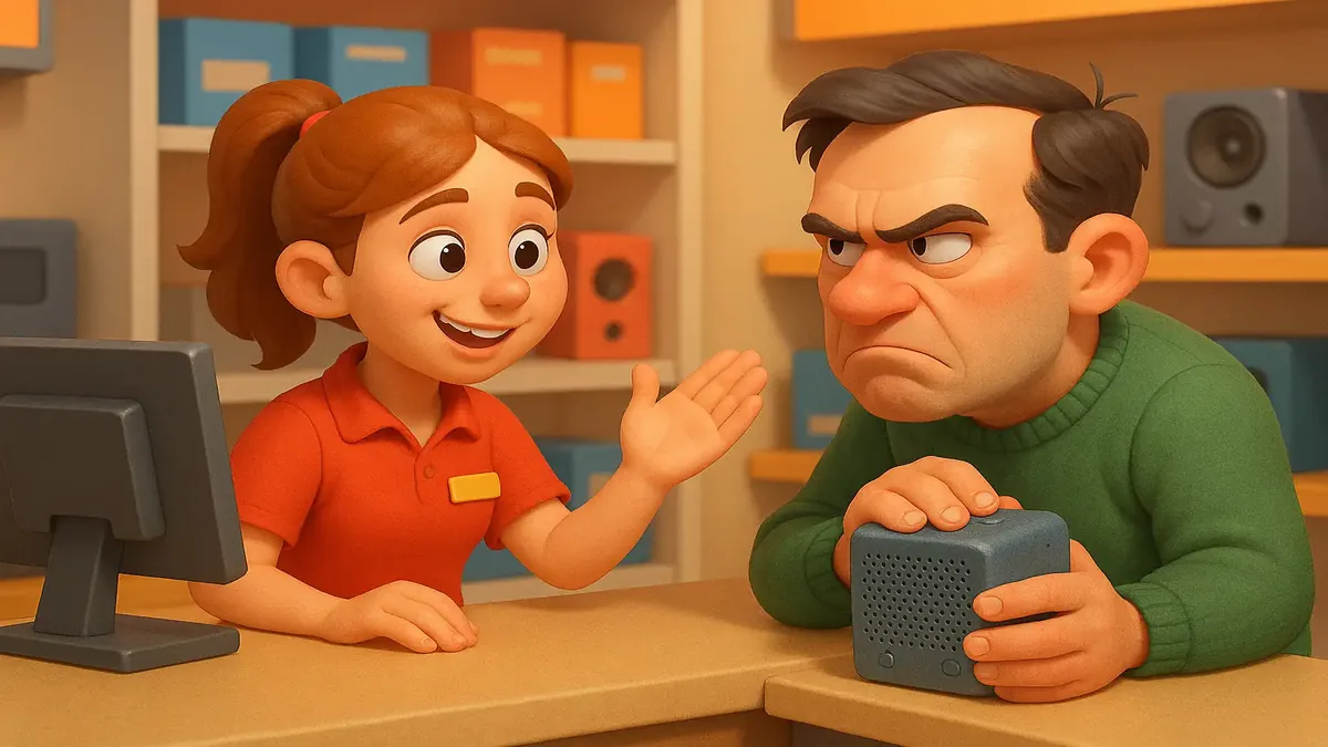 Cartoon-style 3D illustration of a frustrated customer in a retail store expressing anger over a sold-out speaker.