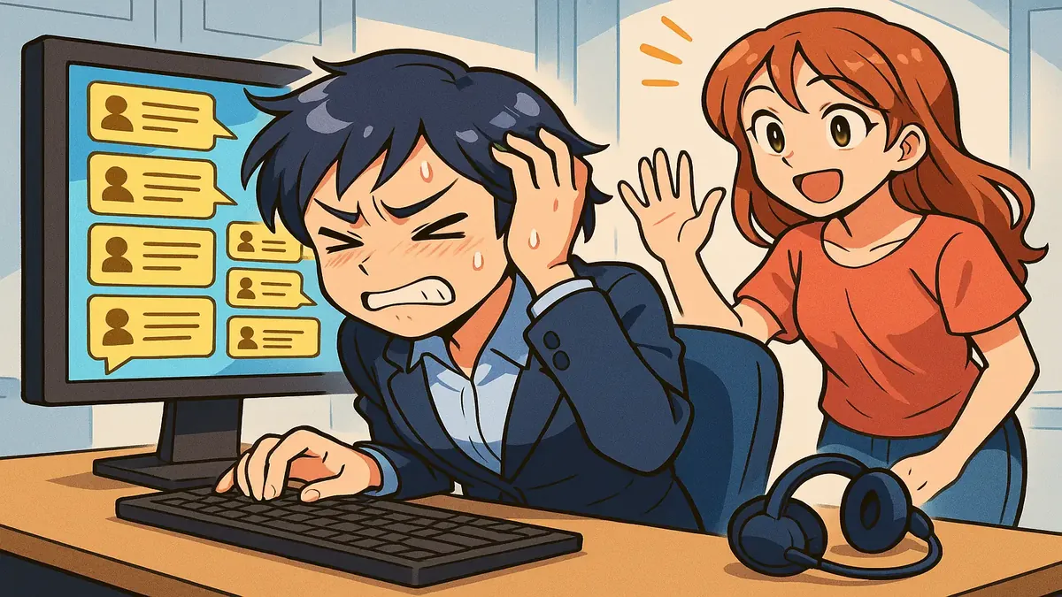 Anime illustration of chaotic chat requests for hotel room amenities like towels and toiletries.