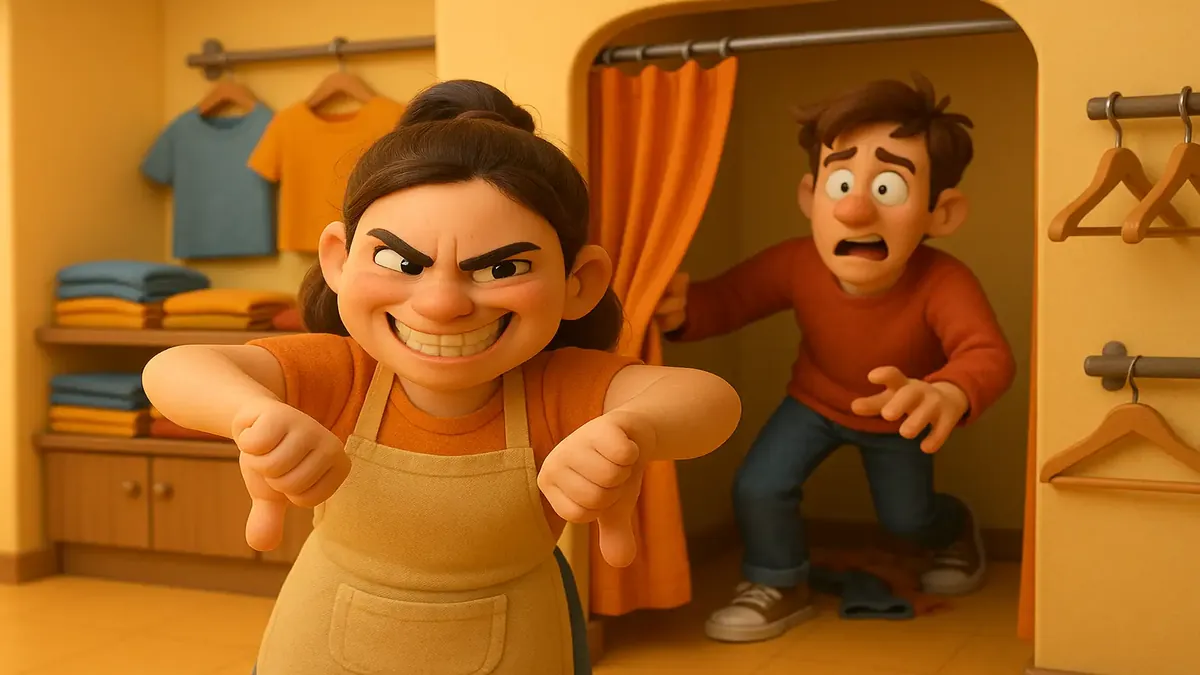 Cartoon-3D depiction of a chaotic retail fitting room during Black Friday, showcasing overwhelmed staff and customers.