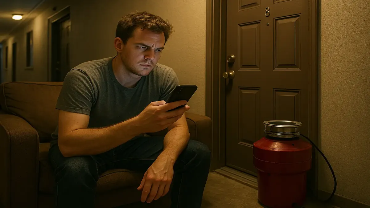 Young man fixing a garbage disposal in a low-budget apartment, showcasing DIY home maintenance issues.