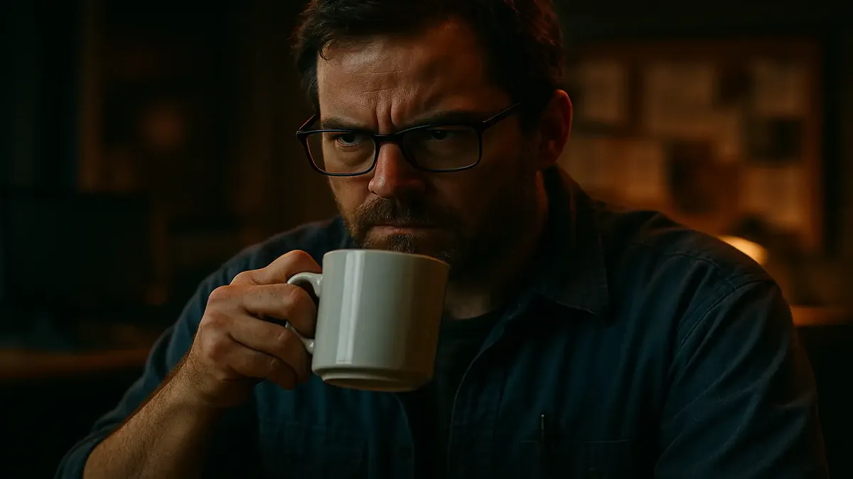 IT repair tech sipping coffee in a break room, contemplating user frustrations and tech challenges.