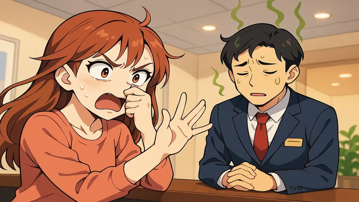 Anime illustration of a front desk agent with an exaggerated expression, symbolizing unpleasant odors in a hotel setting.