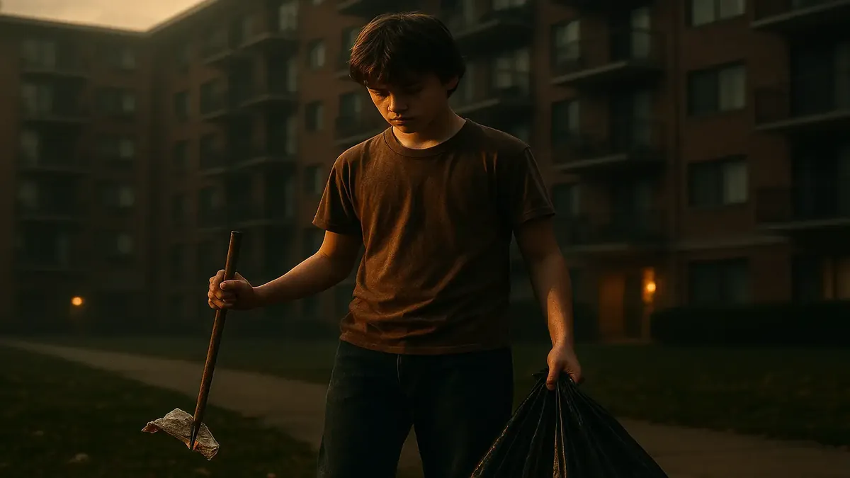 Young teen working in maintenance, picking up trash at a large hotel, showcasing early job experiences.