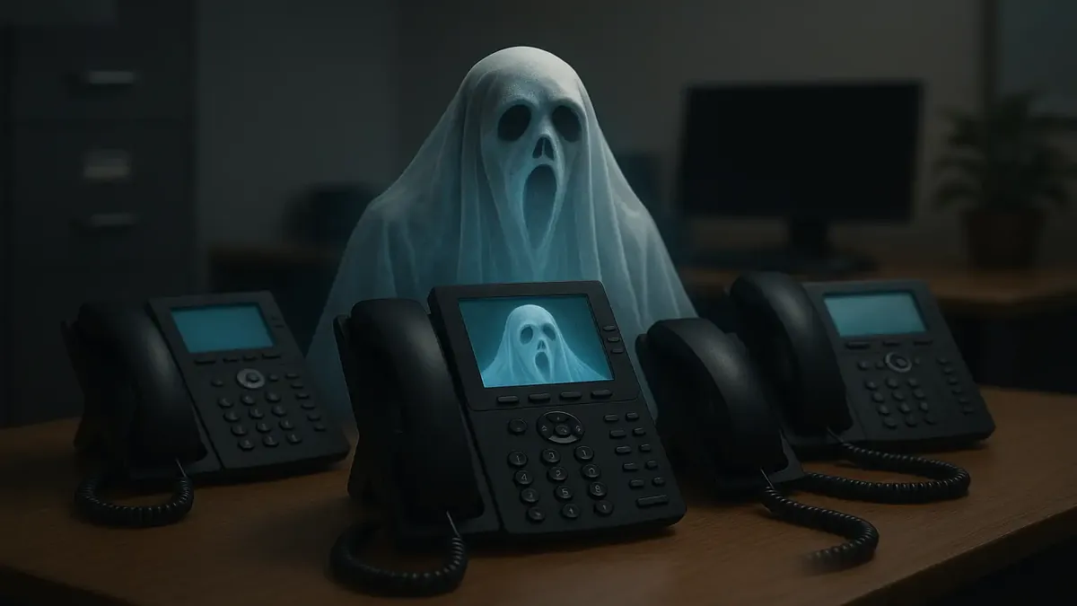 Office phone system on a desk with a ghostly overlay, symbolizing unexpected communication issues.